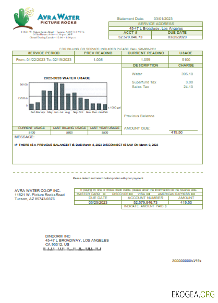 Facture commerciale de service public d'Avra Water Co Op, SCR